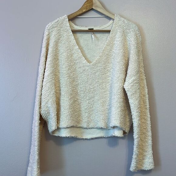 Free People Popcorn V Neck Pullover Sweater Ivory Women's Large Boho Fall Teddy - Picture 4 of 12